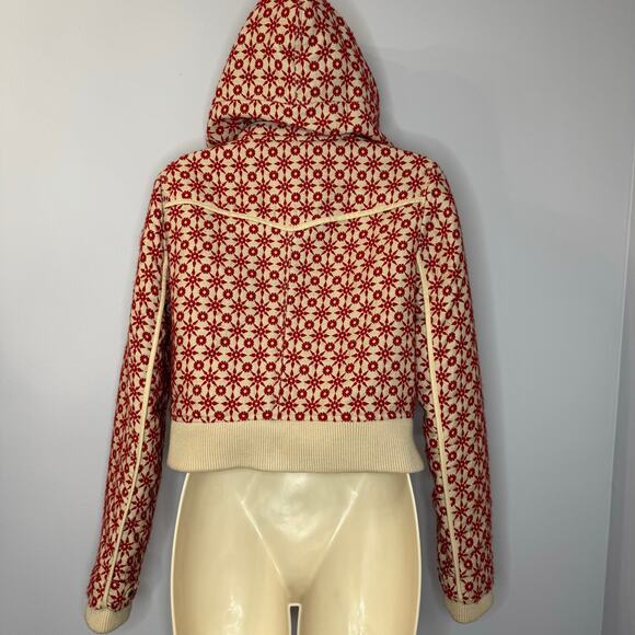 Free People Wool Blend Embroidered Crop Bomber Jacket Hooded Red Boho Women's M - Picture 4 of 16